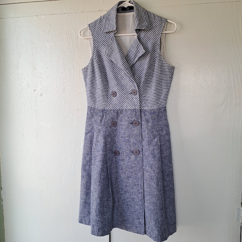 P. A Concepts Linen Blend Sleeveless Blue & White Mini Dress SZ 6-8